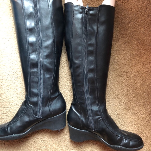 black leather wedge heel boots
